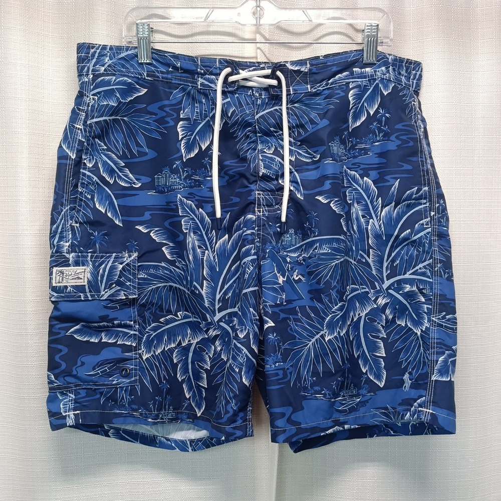 Polo Ralph Lauren Kailua‎ Blue Tropical Palm Leaf Cargo Swim Trunks Mens L Beach